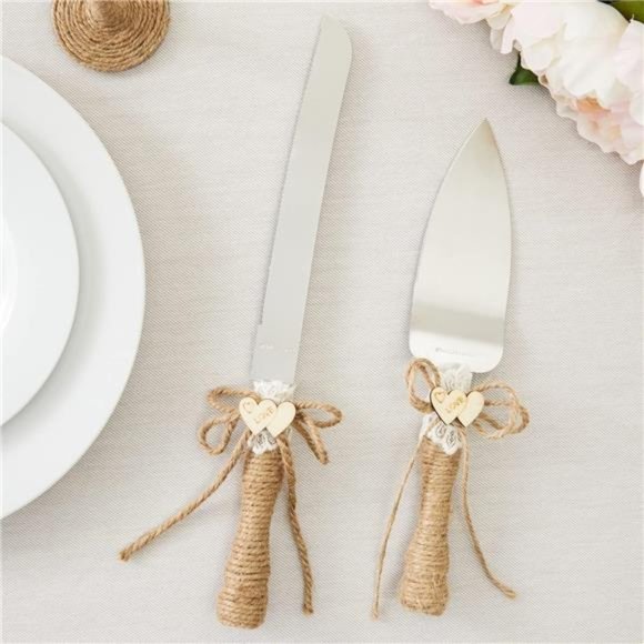 4 Piece Rustic-Style Wedding Cake Knife and Server Set with Champagne Glasses - Picture 3 of 7
